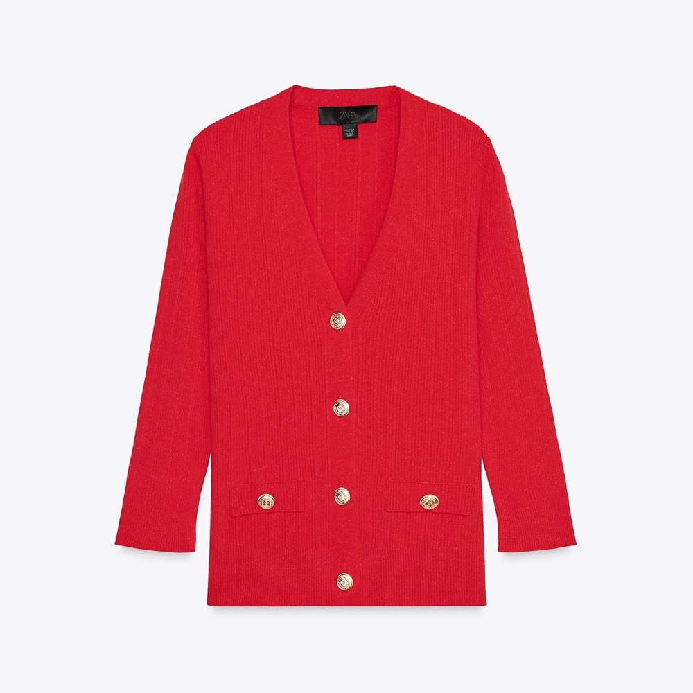 ZARA V-neck Knit Cardigan w/ 3/4 sleeves in Gold Button Red Size M NEW - Picture 4 of 6
